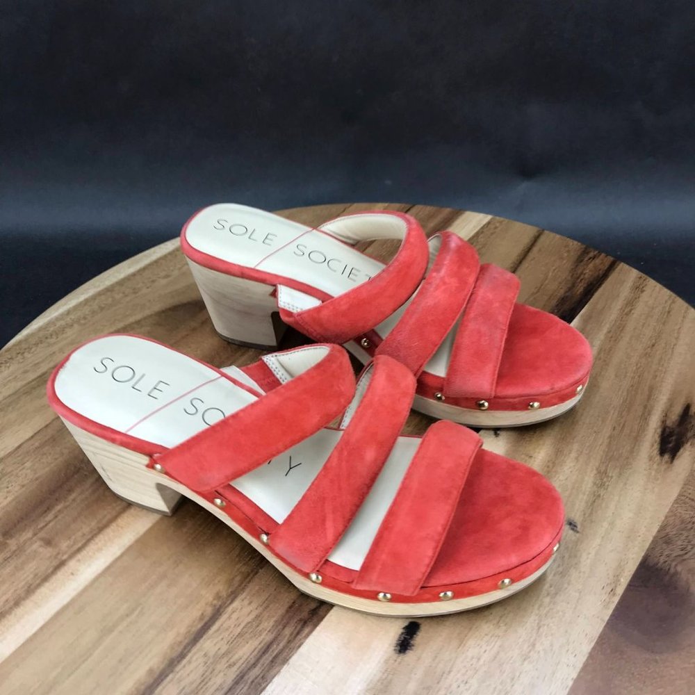 Sole Society Orange Suede Block Heel Studded Slides Sandals Womens Size 6 B